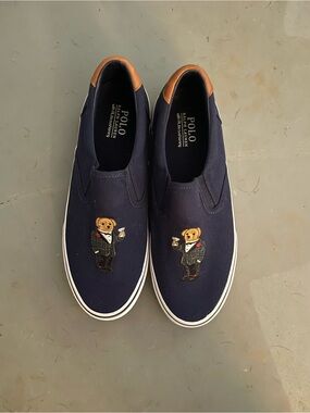 Polo by Ralph Lauren Navy Slip-On Sneakers with Embroidered Bear